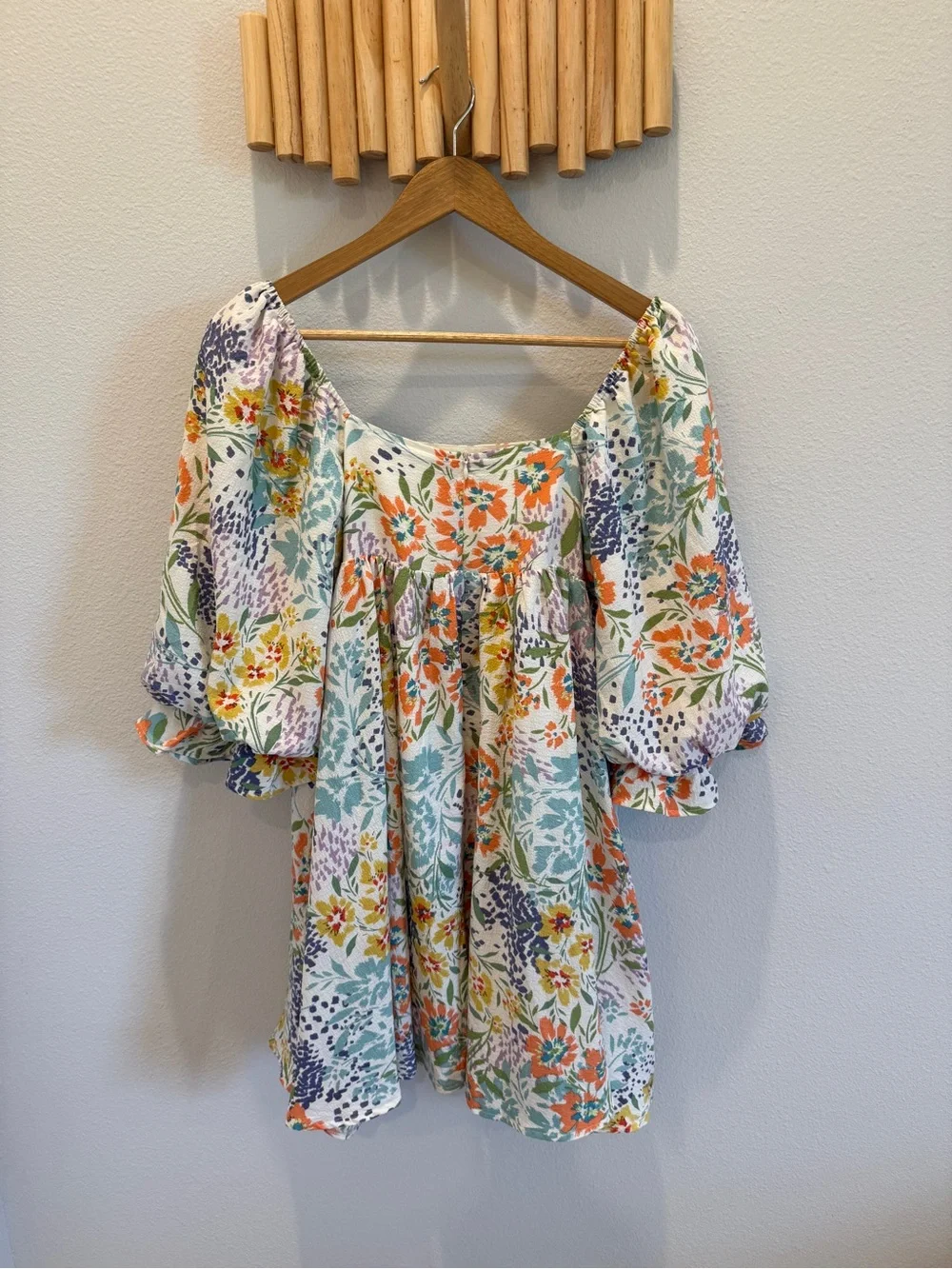 Floral Puff-Sleeve Square Neck Women's Mini Dress